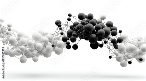 Abstract network of spheres flows from white to black on a white background