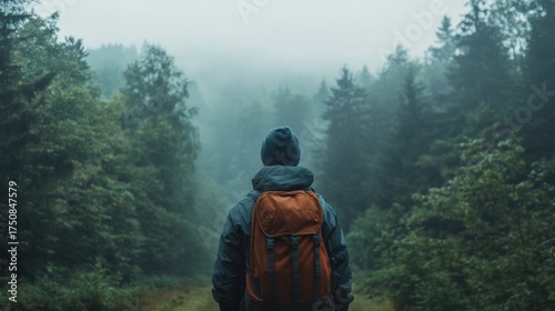 Person Explo a Dense Forest Du Foggy Day with Back Facing View and Backpack in Nature Wilderness Setting for Adventure Travel and Nature Experience