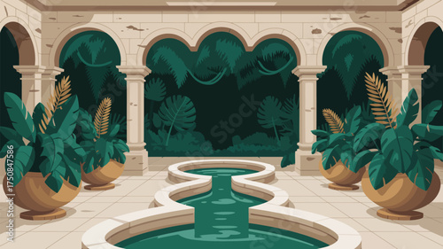 Illustration of a courtyard with arches, columns, plants, and a water feature leading to a jungle scene
