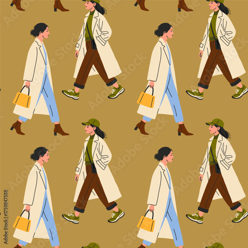 Seamless Pattern of Fashionable Women in Autumn Outfits