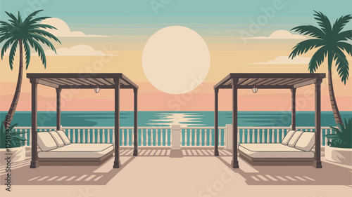 Illustration of a tropical resort with daybeds, palm trees, and ocean view at sunset scene design