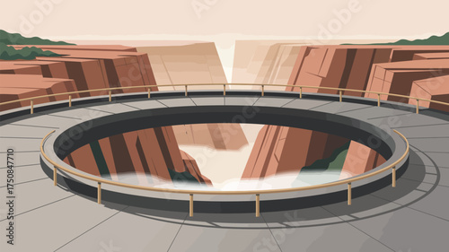 A circular platform overlooking a deep canyon with a river flowing through it in a cartoon style
