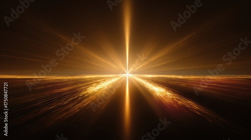 Luminous point in hazy horizon beams light upward, reflecting off a textured surface
