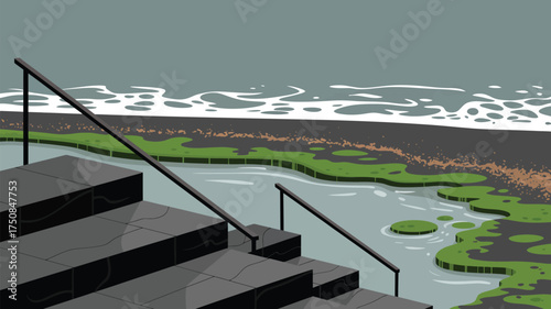 Stairs leading to a beach with green algae and a grey sky with white waves in an illustration style