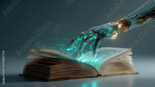 Magical fantasy book glows with light and enchantment from mysterious liquid. story of knowledge and power pours from vial, creating very mystical scene