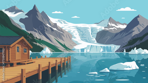 A cabin on a dock overlooking a glacial lake with mountains and icebergs under a cloudy sky view