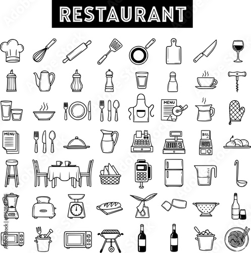 Restaurant  Kitchen Outline Icons Set: Hand-Drawn Doodle Vector Collection of Cooking Tools, Utensils, Food Service Appliances, and Dining Elements.