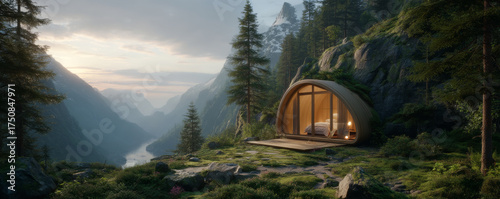 Luminous serene cabin, modern concept for professional retreat in mountain forest. Tranquil nature getaway offering solitude and beautiful view of valley and river