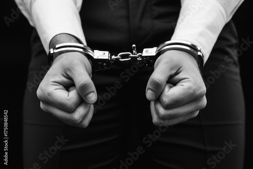 Dramatic black and white image of man in handcuffs symbolizing arrest or crime