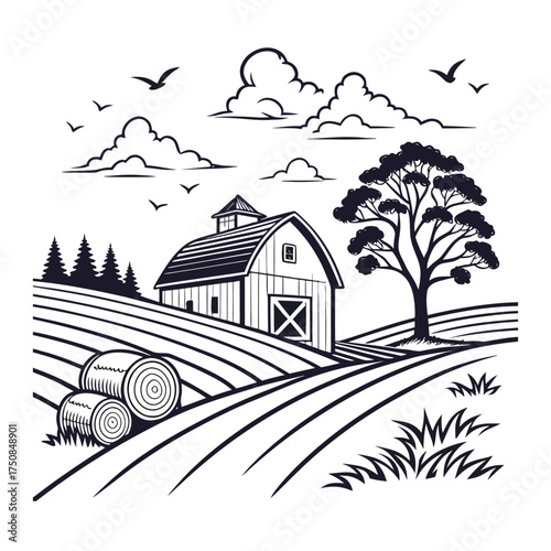 A barn in a field with trees and hay bales outline