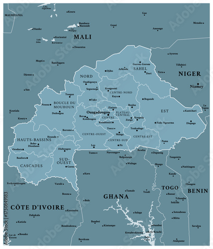Burkina Faso - detailed political map of the country with regions and major cities.