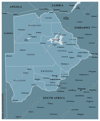 Botswana - detailed political map of the country with regions and major cities.