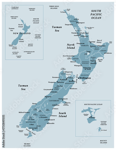 New Zealand - detailed political map of the country with regions and major cities.