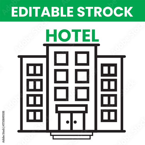 Simple line art icon of a modern hotel building with multiple floors and windows