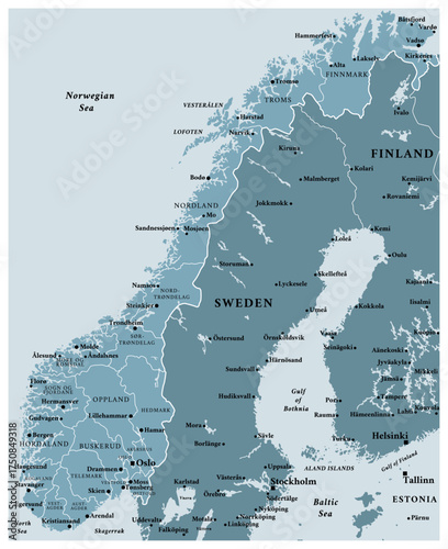 Norway - detailed political map of the country with regions and major cities.