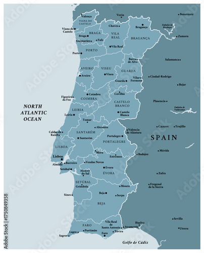 Portugal - detailed political map of the country with regions and major cities.