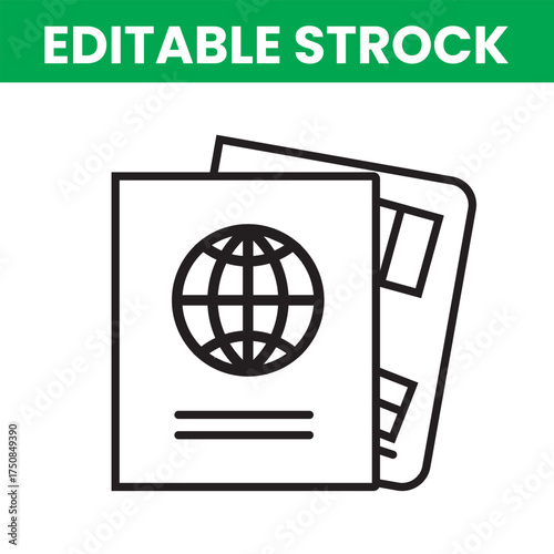 Simple line art icon of two passports with a globe symbol for international travel