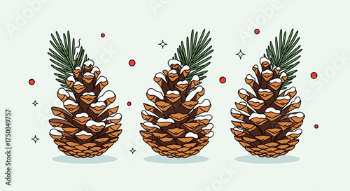 Pine cones with snow and pine branches, winter decoration, Christmas theme, light background