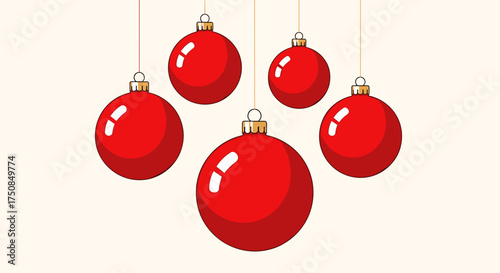 Red Christmas baubles hanging, festive mood, holiday decoration, light background