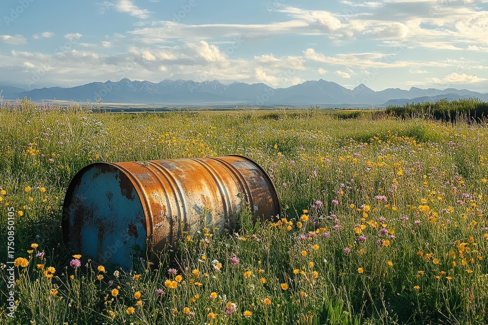 Obraz premium Rusty barrel resting amidst a vibrant meadow landscape.