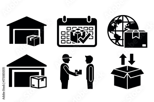 Vector icon delivery service icons showing warehouse, schedule, global shipping