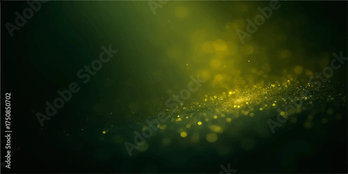 Abstract glowing golden particles and light rays illuminating a dark green ethereal background