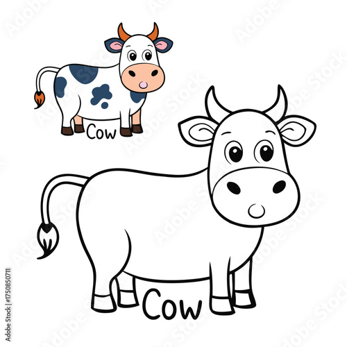 A cute farm cow stands peacefully in the field, ready to be colored with vibrant shades. Perfect for kids to explore fun, farm life creativity and imagination.
