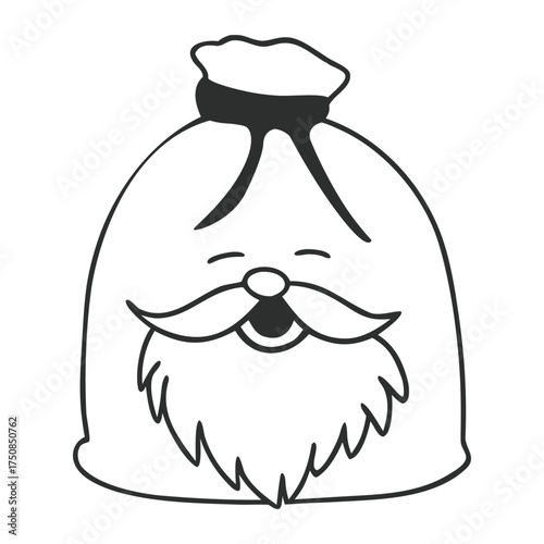 A santa sack with a face in black and white outline