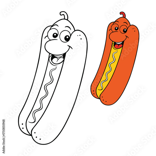A plump hot dog rests in a soft bun, topped with swirls of ketchup and mustard. Simple outlines make it easy and fun for kids to color with bright, tasty shades.
