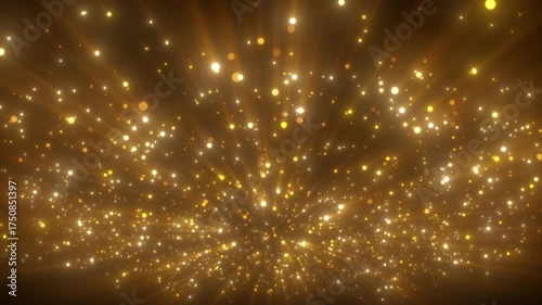 Gold glitter bokeh field with shimmer rays and light explosion background.