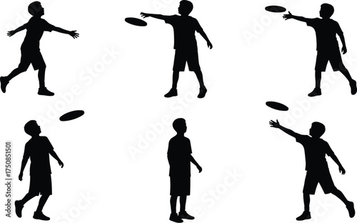 Child Playing with Frisbee Silhouette, Boy Throwing or Catching a Flying Disc, Outdoor Fun, Summer Activity Vector Illustration.