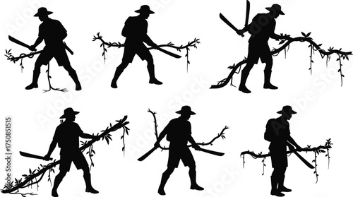 Jungle Explorer Silhouette, Man with Machete Cutting Vines and Brush, Tropical Adventure, Survival and Clearing Path Vector.