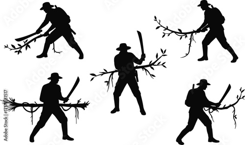Jungle Explorer Silhouette, Man with Machete Cutting Vines and Brush, Tropical Adventure, Survival and Clearing Path Vector.