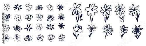 Grunge brush flowers. Scribble ink grunge chamomile flowers icons drawn with markers and crayons