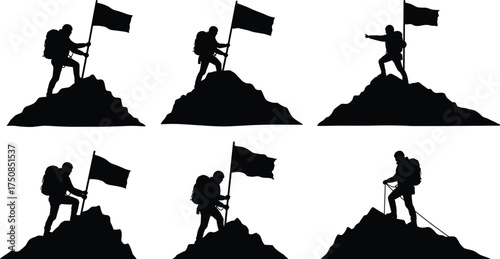Mountain Climber Success Silhouette, Hiker on Peak Planting Flag, Achievement, Goal Conquered, Victory Summit, Vector Illustration, Leadership Concept.