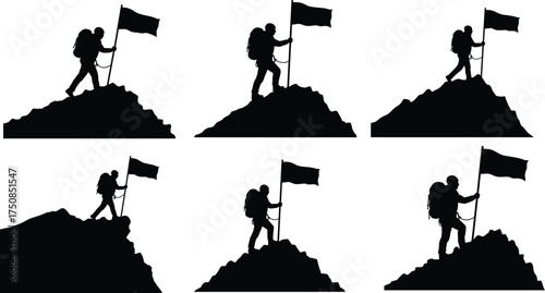 Mountain Climber Success Silhouette, Hiker on Peak Planting Flag, Achievement, Goal Conquered, Victory Summit, Vector Illustration, Leadership Concept.