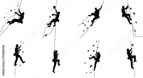Rock Climbing and Bouldering Silhouettes, Mountain Adventure, Sport and Adrenaline, Climbers on a Vertical Wall, Extreme Outdoor Sports Vector.
