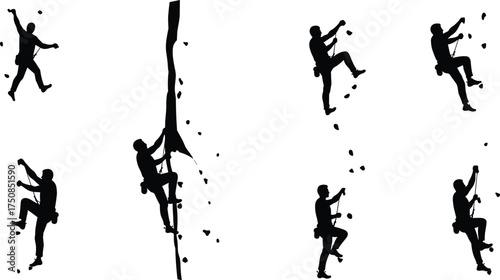 Rock Climbing and Bouldering Silhouettes, Mountain Adventure, Sport and Adrenaline, Climbers on a Vertical Wall, Extreme Outdoor Sports Vector.