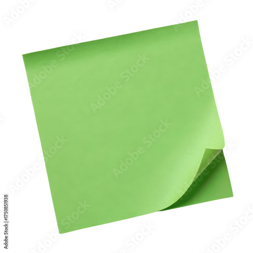 Single green sticky note isolated on transparent background