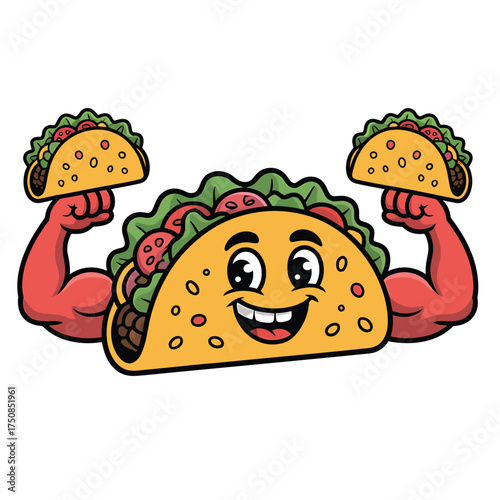 Cartoon taco flexing with smaller tacos in its hands