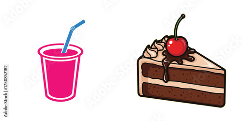 Isolated Vector Illustrations of a Sweet Pink Drink and Chocolate Cake