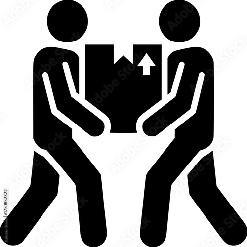 Moving Teamwork and Delivery: Silhouette figures of two people cooperatively lift a cardboard box, symbolizing teamwork and logistics, set against a stark contrast background.
