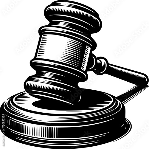 Wooden Gavel Icon: A detailed illustration of a wooden gavel resting on its sound block, a classic symbol of justice, law, and authority.