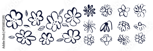 Grunge brush flowers. Scribble ink grunge chamomile flowers icons drawn with markers and crayons