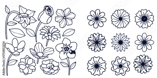 Grunge brush flowers. Scribble ink grunge chamomile flowers icons drawn with markers and crayons