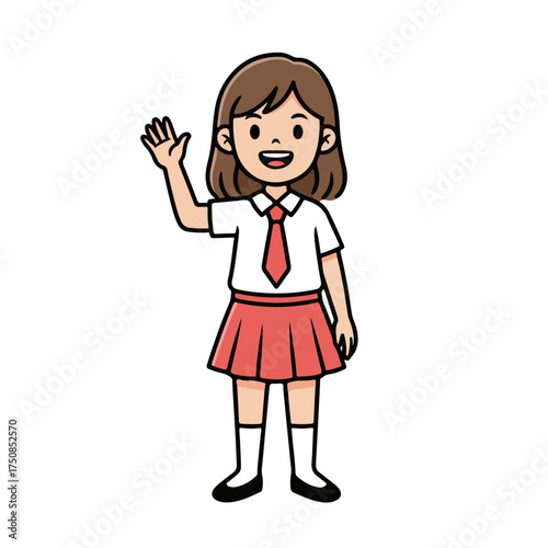 Cute schoolgirl waves hello, creating a welcoming and cheerful cartoon character