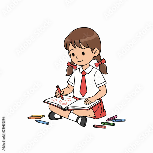 Adorable schoolgirl joyfully draws pictures in her notebook, unleashing creativity