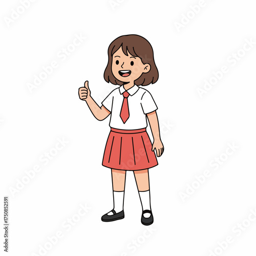 Cheerful schoolgirl in uniform gives enthusiastic thumbs up for outstanding achievement