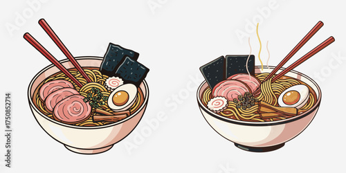 Styled Japanese Ramen Bowls with Noodles, Pork, Egg, and Chopsticks Vector
