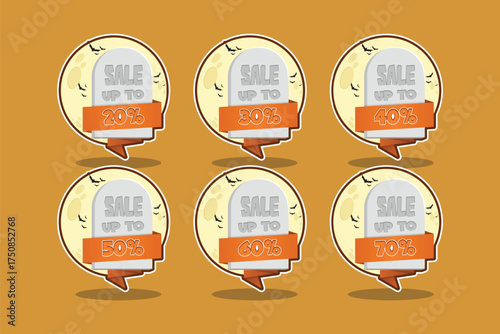 Halloween sale banner collection with grave board and moon decorations